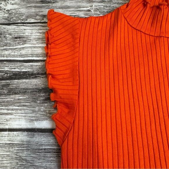 ZARA Women's Bright Orange Ribbed T Tee Shirt S SM Small Lettuce Edge Mock Neck - Picture 4 of 11